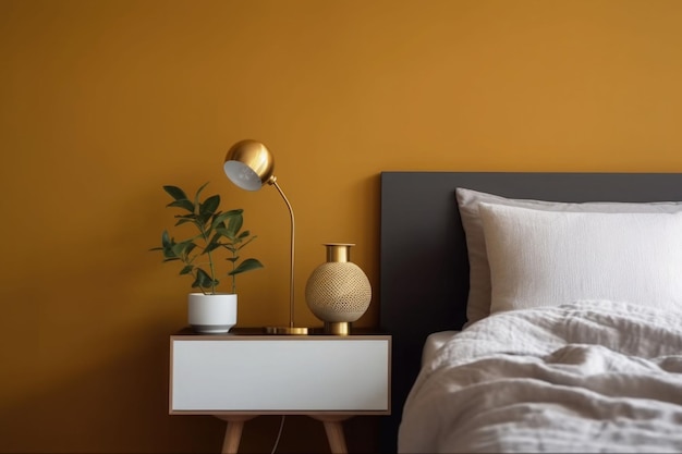 Camera da letto interna scandinava dal design minimalista con una lampada da comodino pianta AI generativa