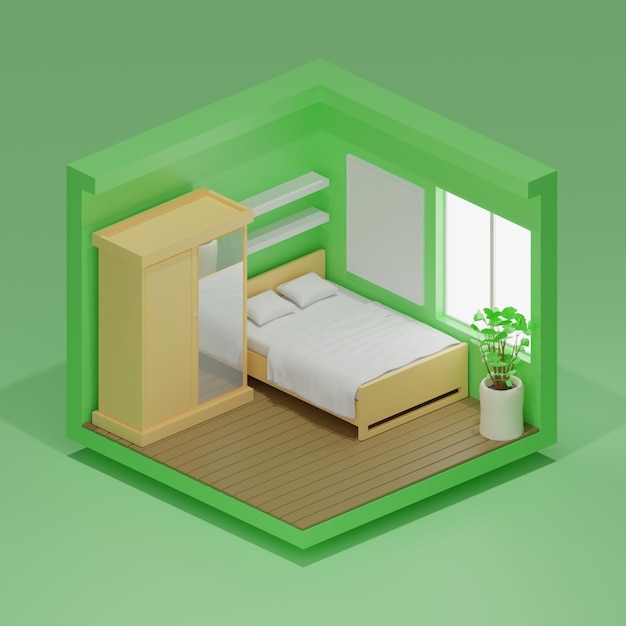 Camera da letto isometrica 3d Render con stile minimalista e sfondo verde