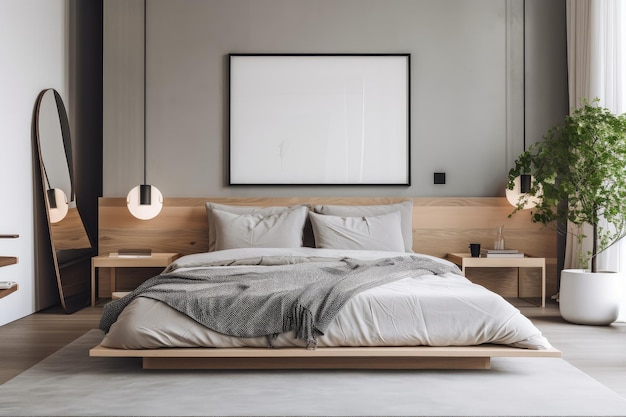 Camera da letto minimalista con mobili eleganti e decorazioni minimali create con l'IA generativa