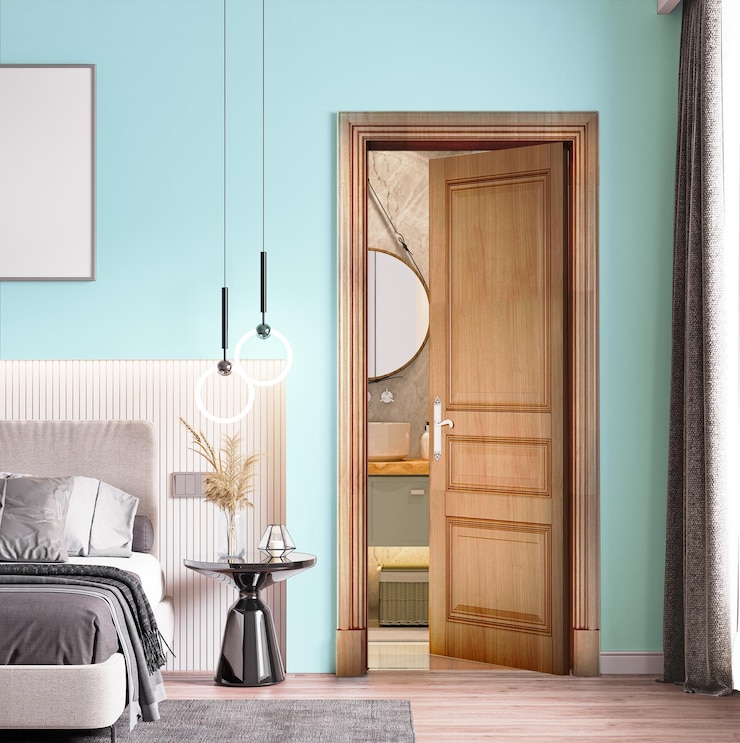 Foto camera da letto moderna con bagno e pavimento in legno, letto con comodino, doo bianco