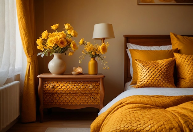 Camera da letto moderna con close-up dell'armadio da letto Vaso di fiori sull'armario da letto vicino al letto