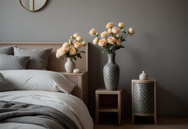 Camera da letto moderna con close-up dell'armadio da letto Vaso di fiori sull'armario da letto vicino al letto