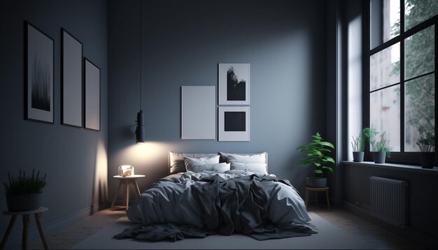 Camera da letto moderna con letto grigio sulla parete all'interno della camera da letto domestica IA generativa