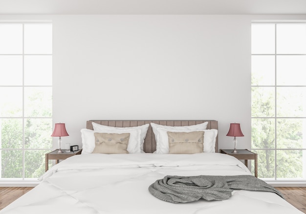 Camera da letto moderna con parete vuota, esposizione di opere d'arte