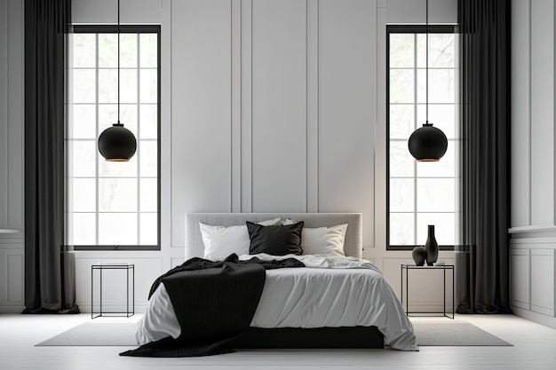 Camera da letto moderna con una parete bianca illuminata bianca lampada nera sul comodino letto moderno con luce
