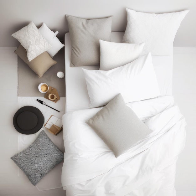 Camera da letto moderna dai colori tenui e chiari Letto con piumone bianco e pochi cuscini Vista dall'alto IA generativa