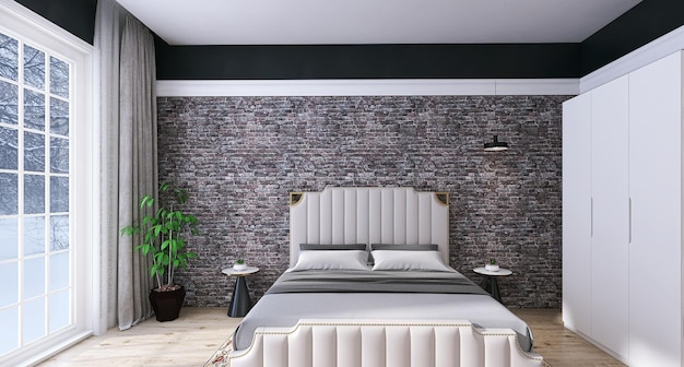 Camera da letto moderna Interior Design con letto e muro di cemento sullo sfondo