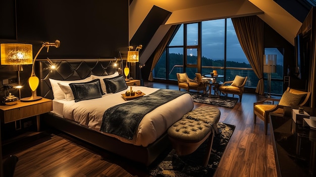 Camera da letto moderna luminosa e accogliente con camerino grande finestra e ampio davanzale per la lettura con sedili morbidi e cuscini 3d render