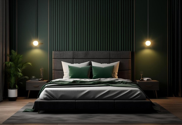 camera da letto moderna nera e verde scuro rendering 3D moderno