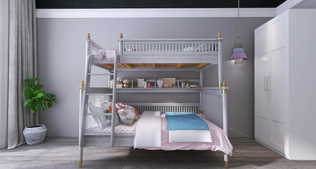 Camera da letto moderna per bambini con letto a castello e concetto di interior design moderno