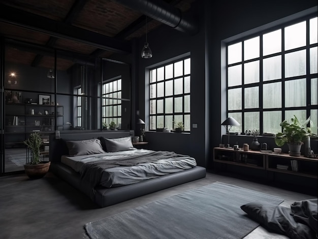 Camera da letto padronale soppalcata scura con grandi finestre monolocale di lusso in stile loft in colori scuri interni minimalisti grigi alla moda letto king size Generativo Ai