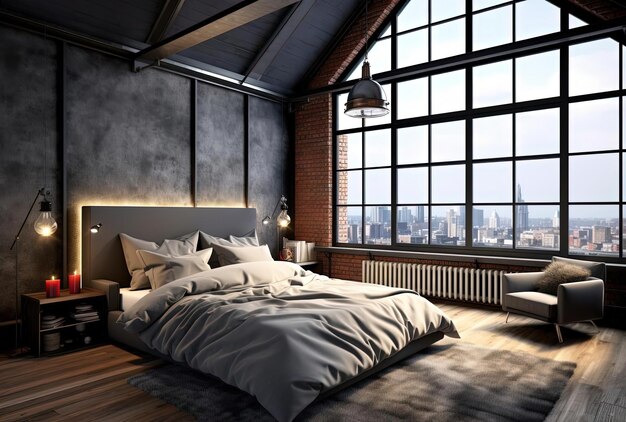 Camera da letto padronale soppalcata scura con grandi finestre