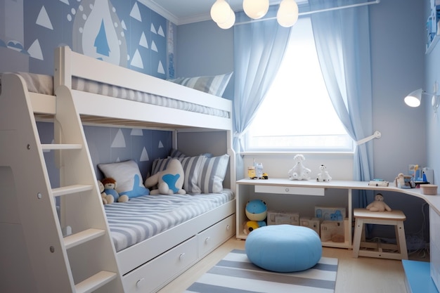 Camera da letto per bambini in tonalità blu per un ragazzo