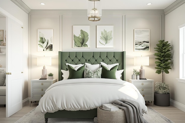 Camera da letto principale con pareti bianche e accenti verde salvia per un'oasi di pace