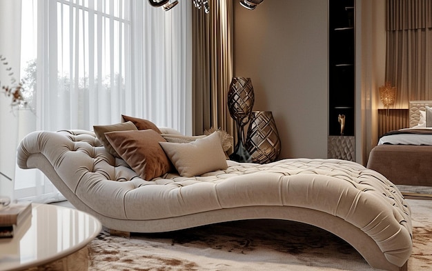 Camera da letto romantica con divano chaise reclinabile e dettagli materici