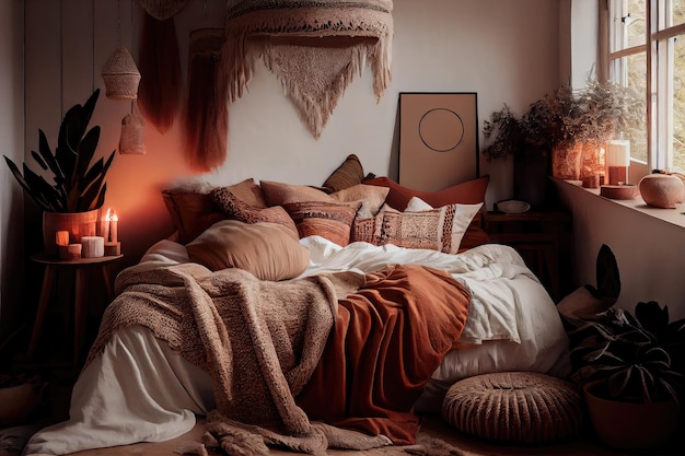 Camera da letto Scandiboho con calde tonalità naturali e biancheria da letto accogliente creata con l'intelligenza artificiale generativa