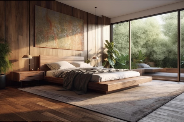 Camera da letto serena con un letto comodo e una grande finestra che si affaccia su una vista tranquilla IA generativa