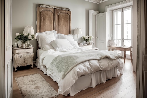 Camera da letto shabby chic dal design minimalista e biancheria di lusso