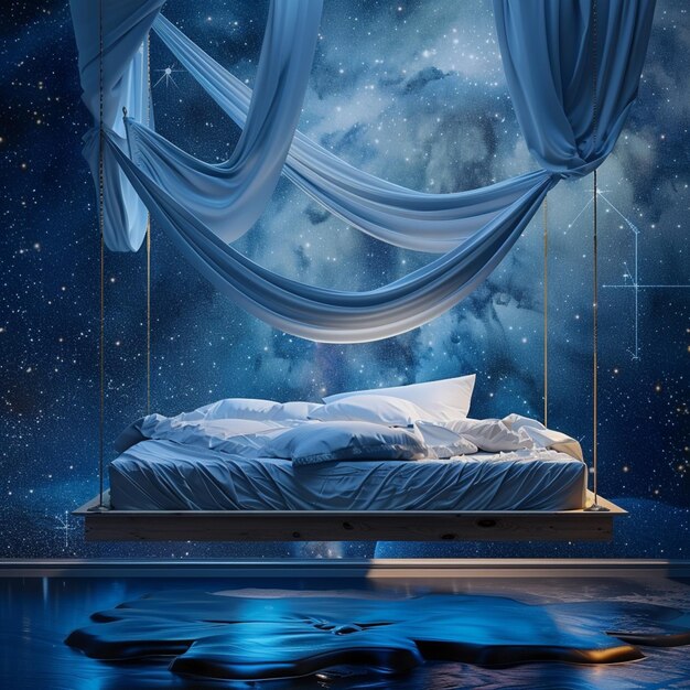 camera da letto stellata con un letto e un cielo notturno murale generativo ai