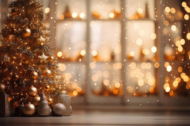 Camera decorata per Natale con albero di Natale e luci dorate bokeh