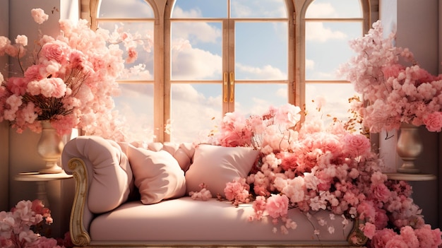 Camera della sposa con una sedia e una finestra con fiori decorazione nuziale