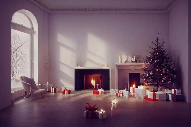 Camera di design d'interni astratto con un albero di Natale