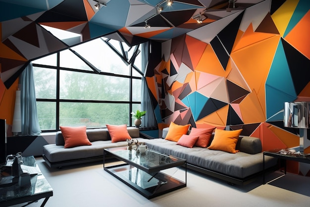 Camera di metà secolo con design boho Piccolo soggiorno colorato Una stanza minimalista con mod di metà secolo