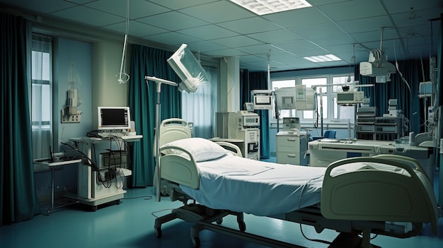 Camera di recupero con intelligenza artificiale generativa con comodo letto interno medico stanza ospedaliera vuota