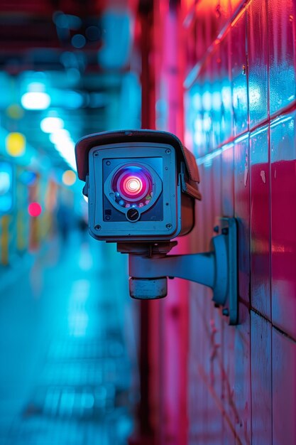 Camera di sicurezza urbana illuminata nel vicolo del neon