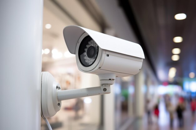 Camera di sicurezza vista da vicino su una parete all'interno di un centro commerciale AI generativa