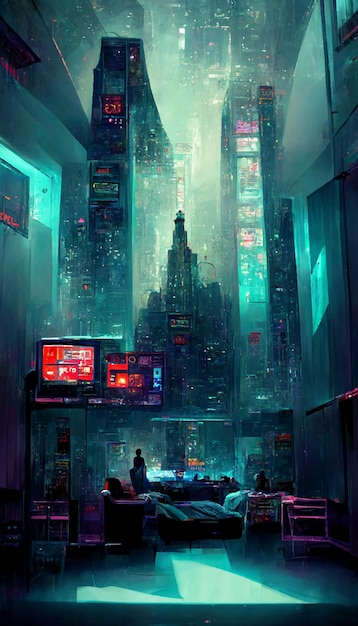 Camera futuristica nell'illustrazione distopica cyberpunk di New York