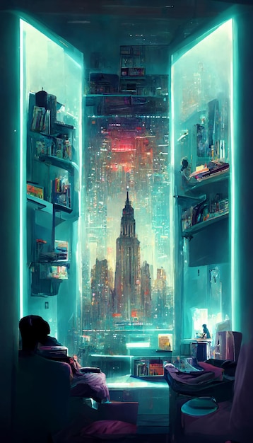 Camera futuristica nell'illustrazione distopica cyberpunk di New York