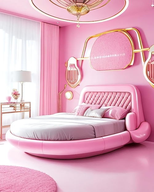 Camera futuristica rosa con accenti metallici e letto galleggiante