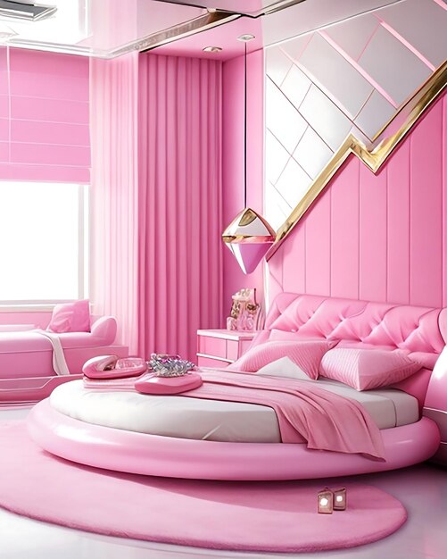 Camera futuristica rosa con accenti metallici e letto galleggiante