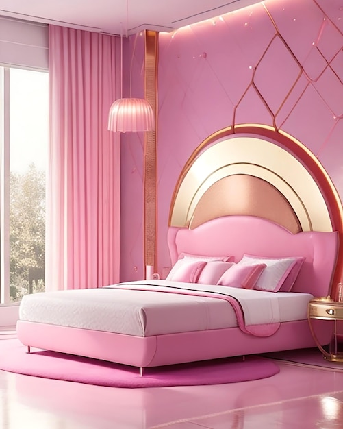 Camera futuristica rosa con accenti metallici e letto galleggiante