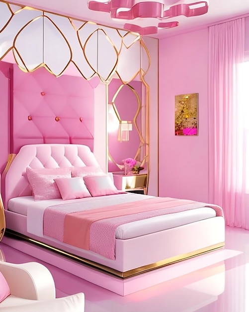 Camera futuristica rosa con accenti metallici e letto galleggiante