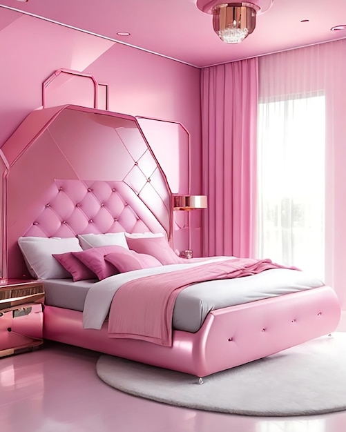 Camera futuristica rosa con accenti metallici e letto galleggiante