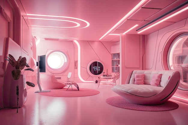 Camera futuristica rosa con gadget high-tech e mobili eleganti