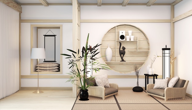 Camera giapponese moderna con interni giapponesi con ripiano in legno idea di camera giapponese e tatami. Rendering 3D