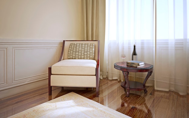 Camera in stile classico con poltrona e tavolino da caffè dal pavimento in legno scuro e pareti beige chiaro con modanature e moquette a motivi crema