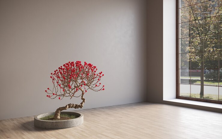 Camera interna della galleria con parete vuota e albero decorativo Concetto di galleria Mock up 3D Rendering