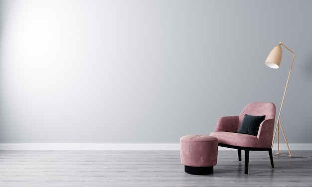 Camera luminosa con pareti bianche e mobili moderni in stile scandinavo per il modello. Soggiorno per mockup. Rendering 3d
