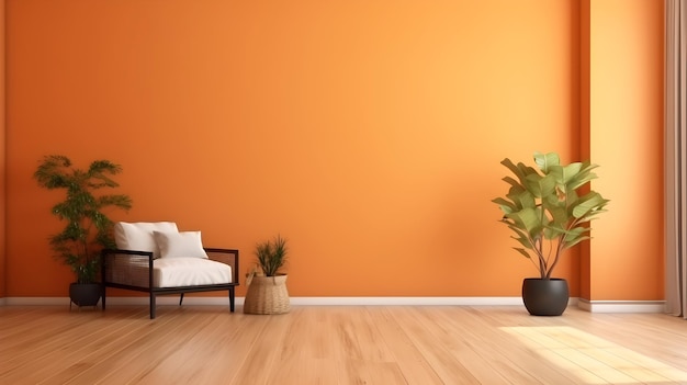 Camera minimalista con pareti arancioni e pavimento in legno
