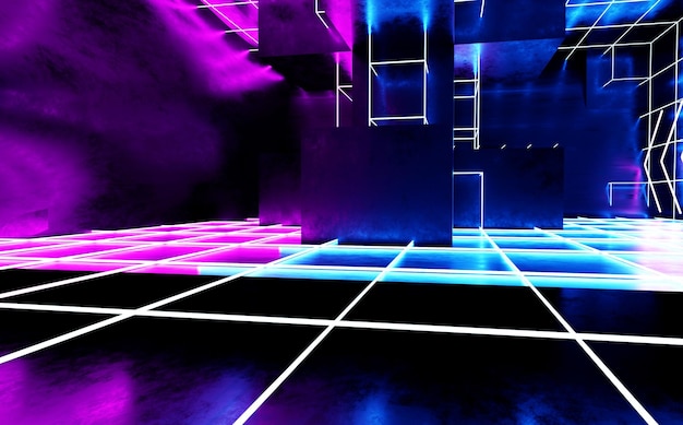 Camera moderna e futuristica in cemento riflettente vuota con neon fluorescente viola e blu
