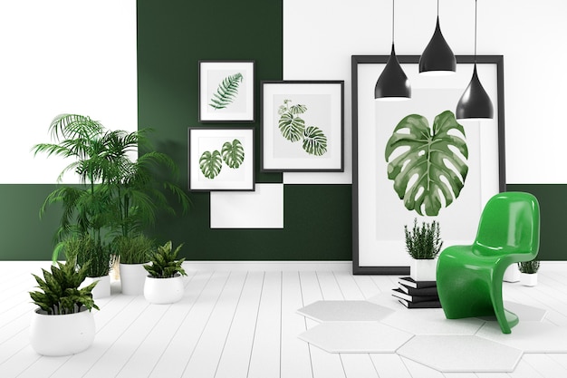 Camera moderna stile tropicale con composizione - design minimale. Rendering 3D