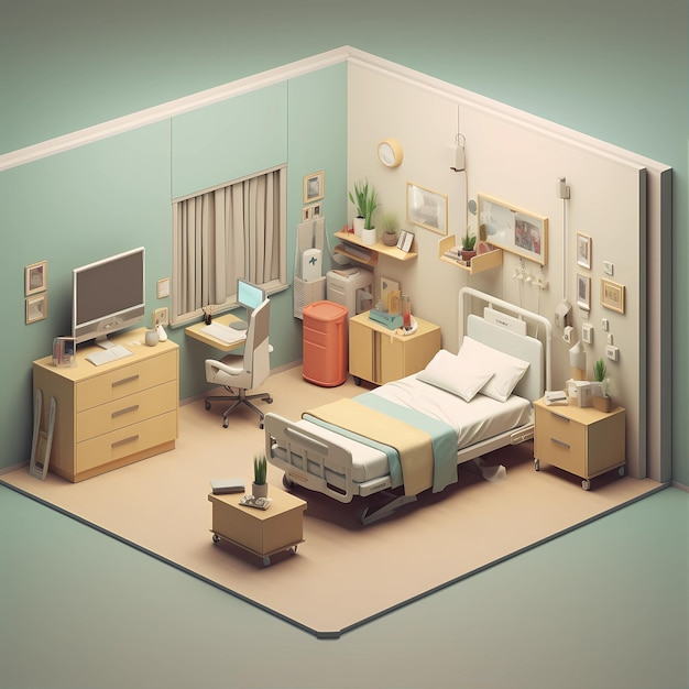 Camera ospedaliera minimalista isometrica 3D con attrezzature mediche e letto