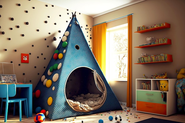 Camera per bambini arredata in modo originale con tenda accogliente per giochi e relax