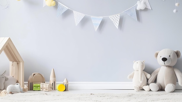 Camera per bambini con giocattoli di legno, animali di peluche e ghirlande di bandiere