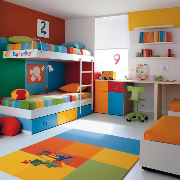 Camera per bambini dal design colorato con letto