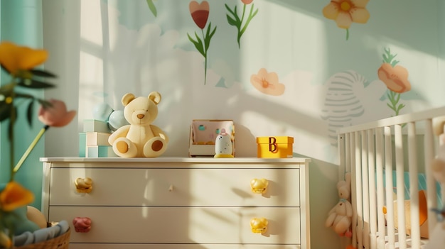 Camera per bambini decorata con sfondo a parete e comodino con articoli per bambini AI generativa
